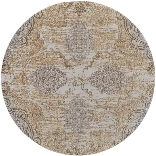 8' Gray and Brown Round Medallion Power Loom Distressed Area Rug Photo 2