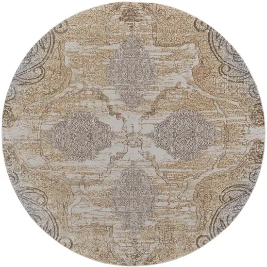 8' Gray and Brown Round Medallion Power Loom Distressed Area Rug Photo 4