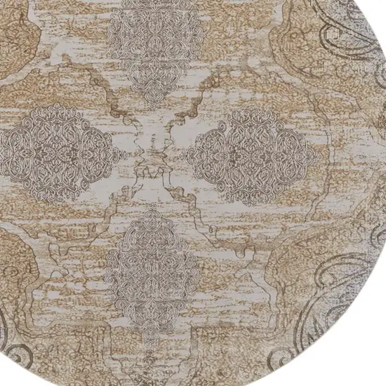 8' Gray and Brown Round Medallion Power Loom Distressed Area Rug Photo 5