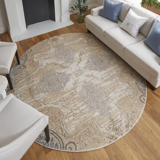 8' Gray and Brown Round Medallion Power Loom Distressed Area Rug Photo 6