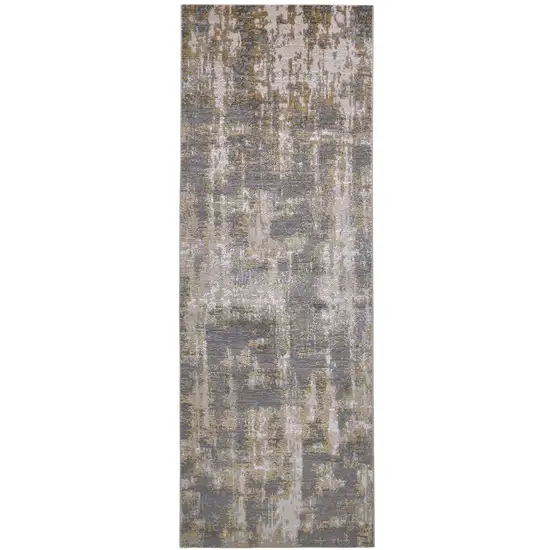 8' Gray and Gold Abstract Distressed Runner Rug Photo 2