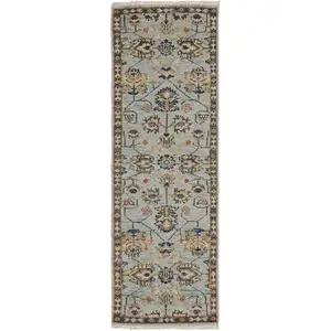 Photo of 8' Gray and Gold Oriental Hand Knotted Runner Rug With Fringe