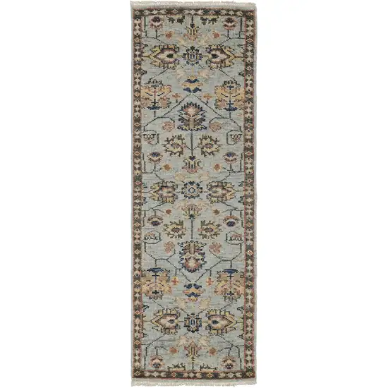 8' Gray and Gold Oriental Hand Knotted Runner Rug With Fringe Photo 2