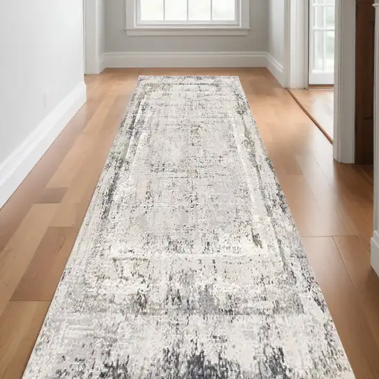 10' Gray and Ivory Abstract Distressed Runner Rug Photo 1