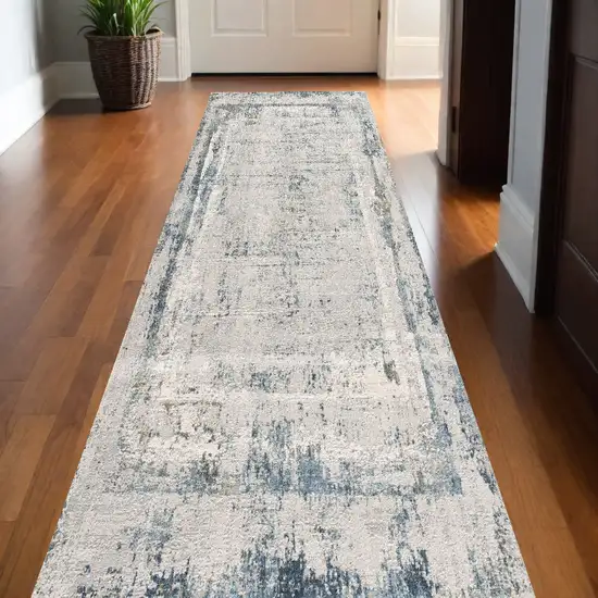 13' Gray and Ivory Abstract Distressed Runner Rug Photo 1