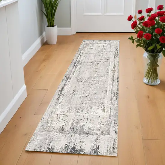 8' Gray and Ivory Abstract Distressed Runner Rug Photo 1