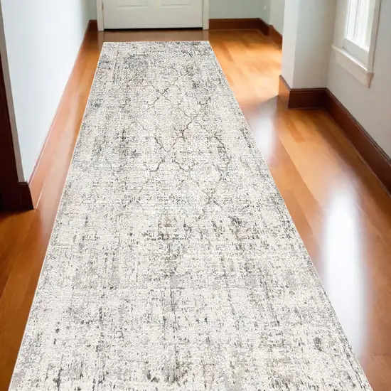 10' Gray and Ivory Abstract Distressed Runner Rug Photo 1