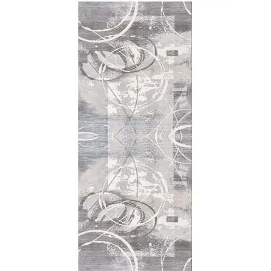 10' Gray and Ivory Abstract Power Loom Distressed Runner Rug Photo 2