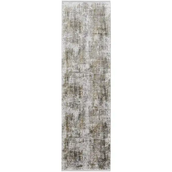 10' Gray and Ivory Abstract Power Loom Runner Rug With Fringe Photo 2