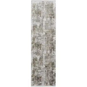 Photo of 10' Gray and Ivory Abstract Power Loom Runner Rug With Fringe