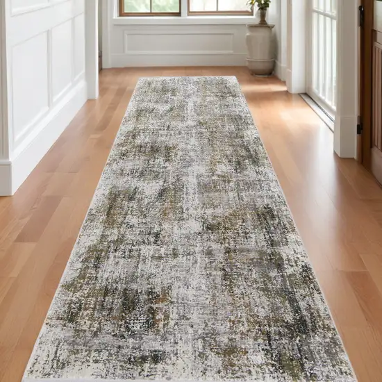 10' Gray and Ivory Abstract Power Loom Runner Rug With Fringe Photo 1