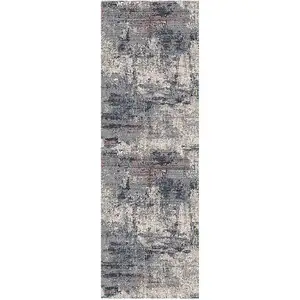 Photo of 8' Gray and Ivory Abstract Power Loom Runner Rug