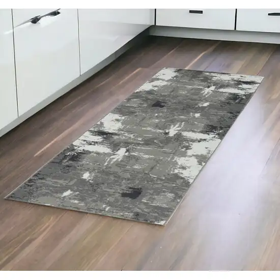 10' Gray and Ivory Abstract Power Loom Runner Rug Photo 1