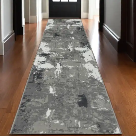 10' Ivory Black and Gray Abstract Power Loom Runner Rug Photo 1