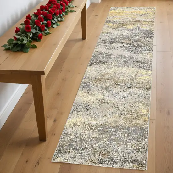 8' Gray and Ivory Abstract Power Loom Runner Rug Photo 1