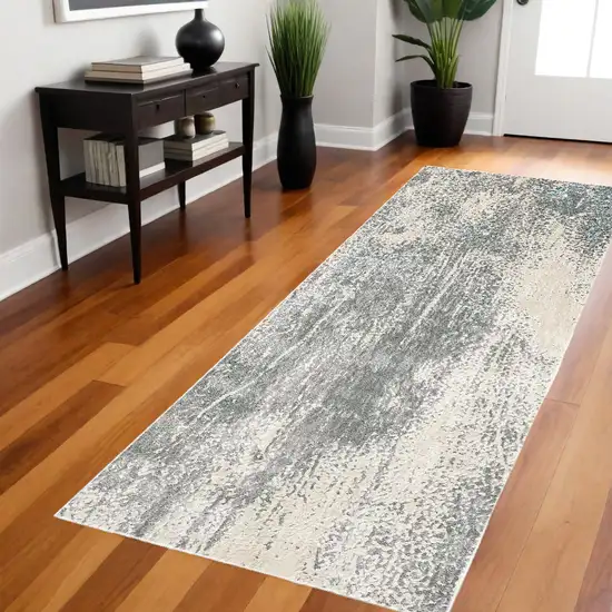 8' Gray and Ivory Abstract Power Loom Runner Rug Photo 1