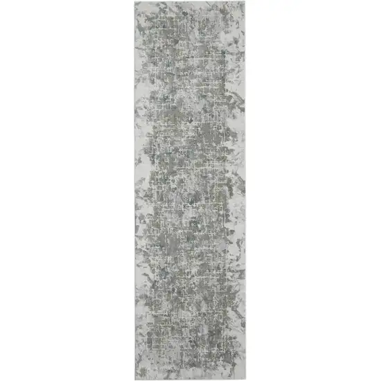 8' Gray and Ivory Abstract Power Loom Worn Faded Runner Rug Photo 1