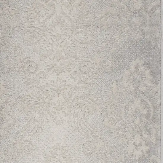 8' Gray and Ivory Damask Distressed Non Skid Runner Rug Photo 4