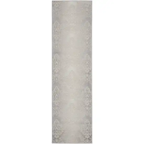 8' Gray and Ivory Damask Distressed Non Skid Runner Rug Photo 2