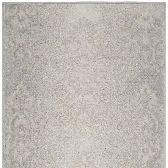 8' Gray and Ivory Damask Distressed Non Skid Runner Rug Photo 5