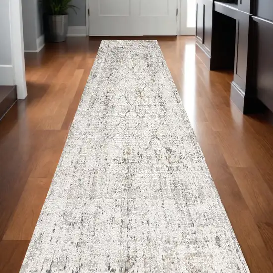 13' Gray and Ivory Damask Distressed Runner Rug Photo 1