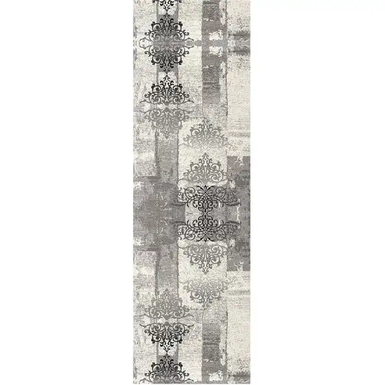 13' Gray and Ivory Damask Power Loom Distressed Runner Rug Photo 2