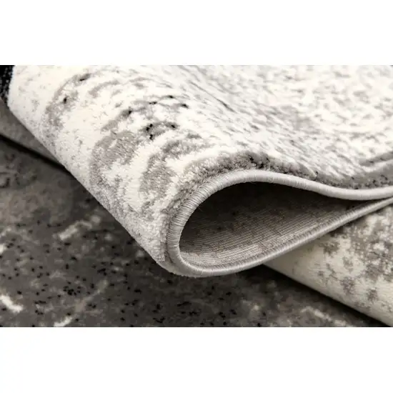 13' Gray and Ivory Damask Power Loom Distressed Runner Rug Photo 4