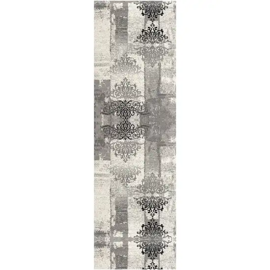 15' Gray and Ivory Damask Power Loom Runner Rug Photo 2