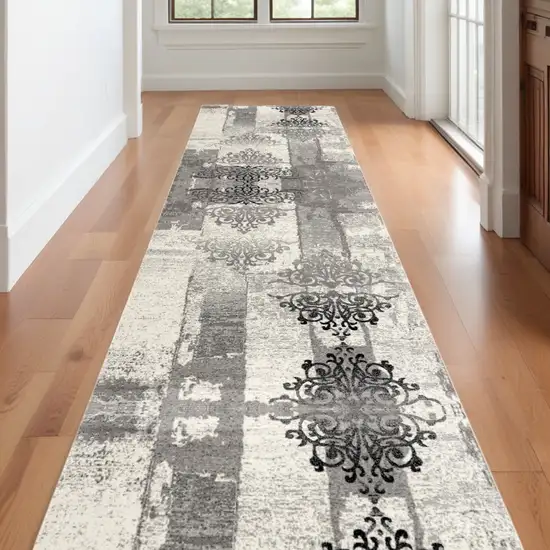 15' Gray and Ivory Damask Power Loom Runner Rug Photo 1