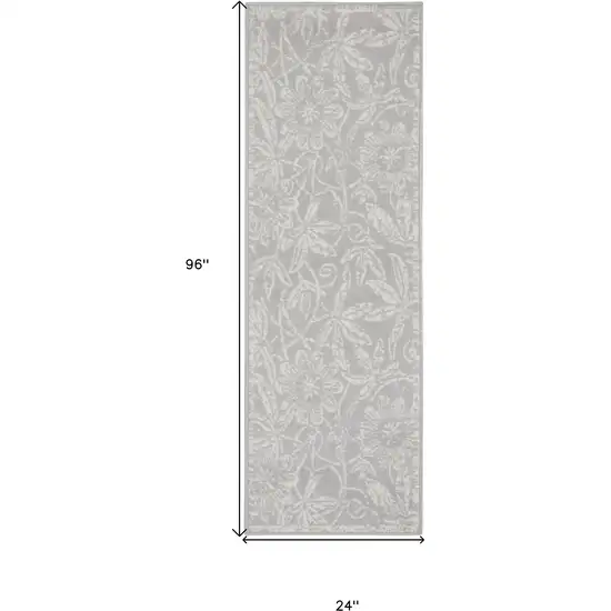 8' Gray and Ivory Floral Distressed Non Skid Runner Rug Photo 3