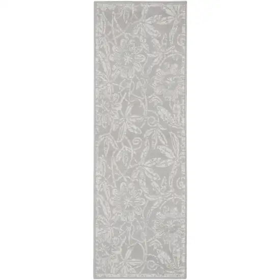 8' Gray and Ivory Floral Distressed Non Skid Runner Rug Photo 2