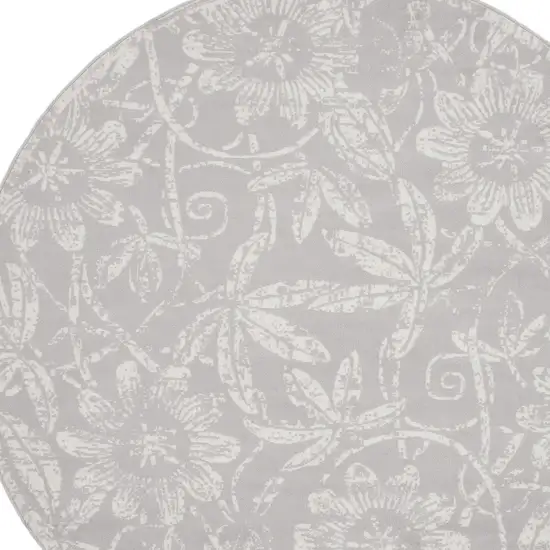 5' Gray and Ivory Floral Distressed Round Rug Photo 4