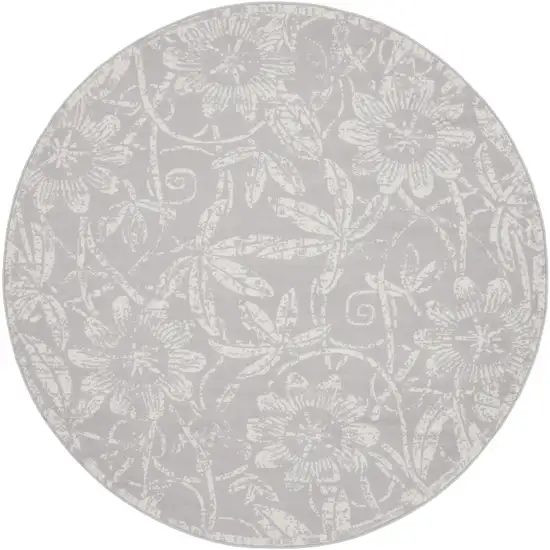 5' Gray and Ivory Floral Distressed Round Rug Photo 2