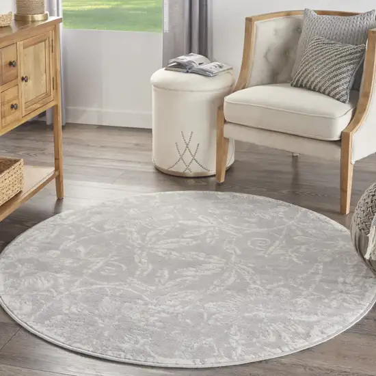 5' Gray and Ivory Floral Distressed Round Rug Photo 6