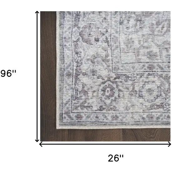 8' Gray and Ivory Floral Power Loom Distressed Washable Runner Rug Photo 7