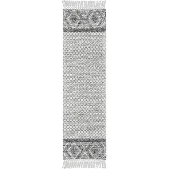 8' Gray and Ivory Geometric Hand Woven Runner Rug With Fringe Photo 1