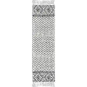 Photo of 8' Gray and Ivory Geometric Hand Woven Runner Rug With Fringe