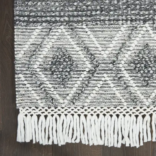 8' Gray and Ivory Geometric Hand Woven Runner Rug With Fringe Photo 3