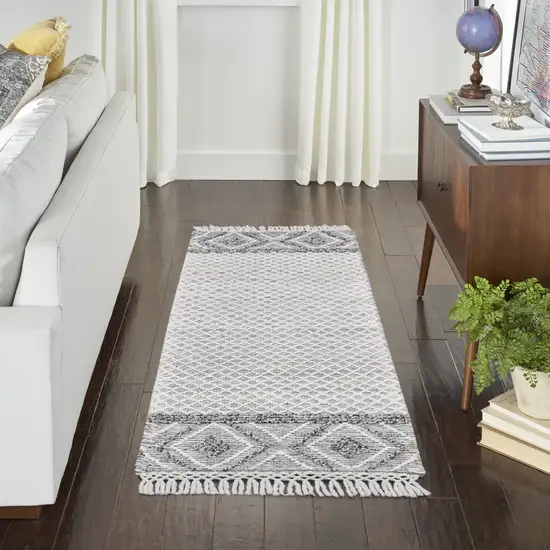 8' Gray and Ivory Geometric Hand Woven Runner Rug With Fringe Photo 6