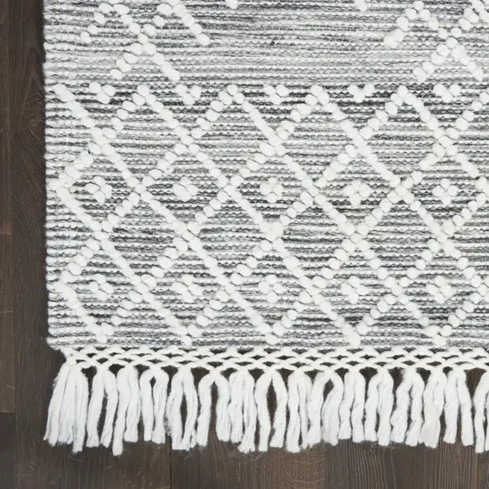 8' Gray and Ivory Geometric Hand Woven Runner Rug With Fringe Photo 3