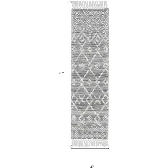 8' Gray and Ivory Geometric Hand Woven Runner Rug With Fringe Photo 9