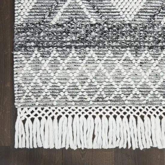 8' Gray and Ivory Geometric Hand Woven Runner Rug With Fringe Photo 4