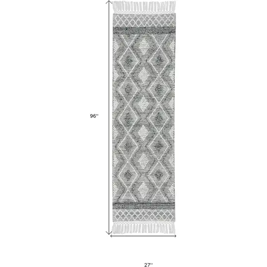 8' Gray and Ivory Geometric Hand Woven Runner Rug With Fringe Photo 7