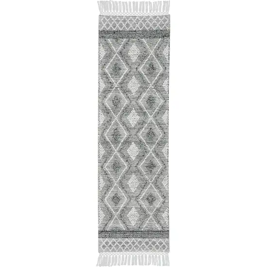 8' Gray and Ivory Geometric Hand Woven Runner Rug With Fringe Photo 1