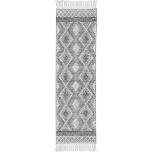 Photo of 8' Gray and Ivory Geometric Hand Woven Runner Rug With Fringe