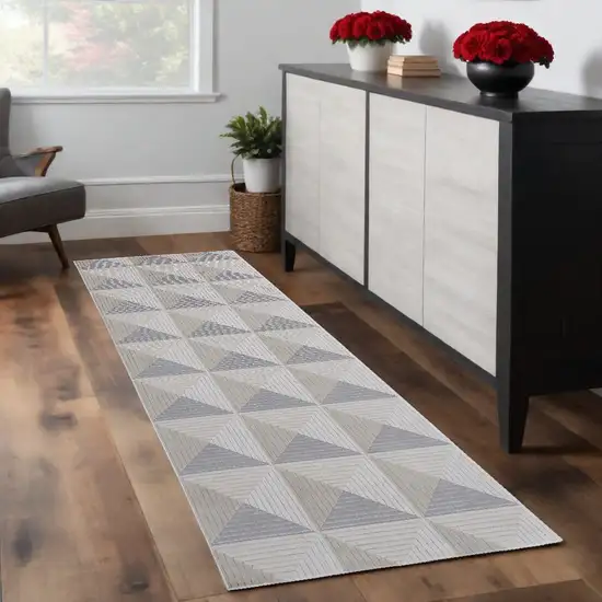 8' Gray and Ivory Geometric Power Loom Runner Rug Photo 1