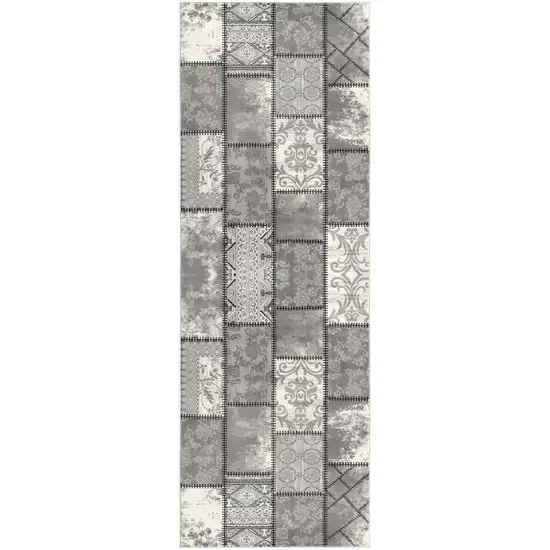 13' Gray and Ivory Geometric Washable Non Skid Runner Rug Photo 2