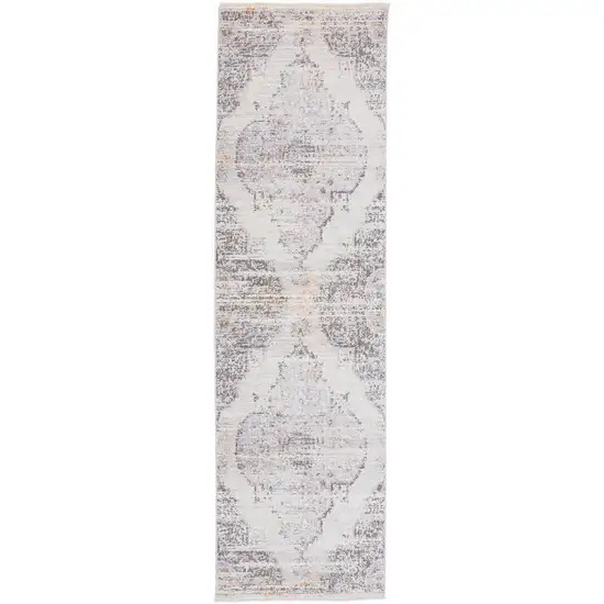 8' Gray and Ivory Medallion Power Loom Distressed Runner Rug With Fringe Photo 2