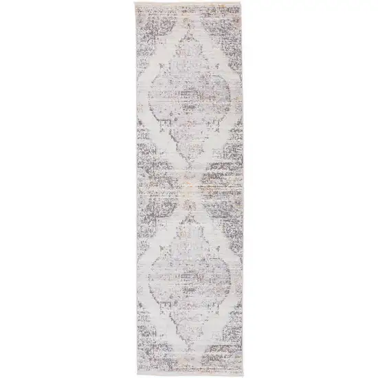 8' Gray and Ivory Medallion Power Loom Distressed Runner Rug With Fringe Photo 4