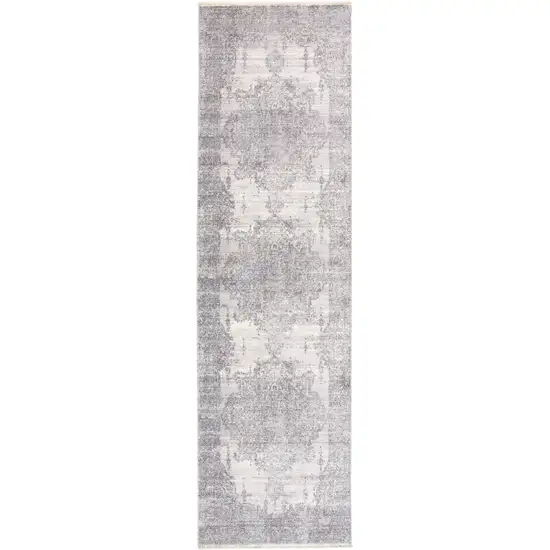 8' Gray and Ivory Medallion Power Loom Distressed Runner Rug with Fringe Photo 1